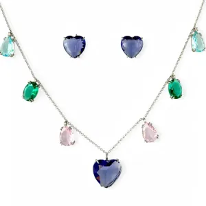 Conjunto Color Coração Cristal  - Ródio Branco
