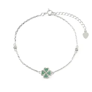 Pulseira Trevo Prata 925 Verde com Zircônias