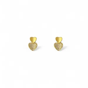 Brinco 2 Corações Banhado a Ouro 18k Liso e com Zircônias