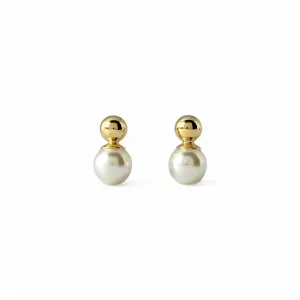 Brinco Duplo Pérola e Bola Lisa Banhado a Ouro 18k