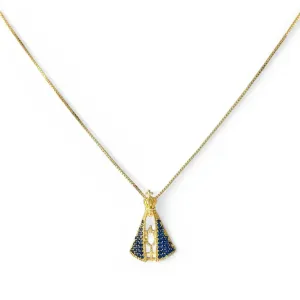 Colar Nossa Senhora Banhado a Ouro 18k com Zircônias Azul