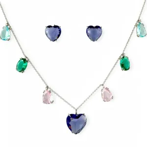 Conjunto Color Coração Cristal  - Ródio Branco