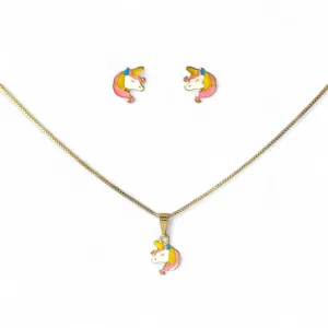 Conjunto Infantil Unicórnio Banhado a Ouro 18k