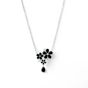 Colar Flores Prata 925 Flor/Gota com Zircônias Pretas