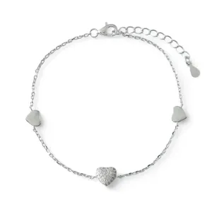Pulseira 3 Corações Prata 925 Liso/Zircônias