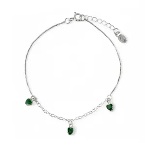 Pulseira 3 Corações Prata 925 Zircônias Verde