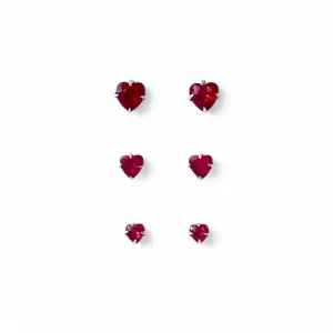 Trio de Brincos Coração Prata 925 Vermelho Zircônia