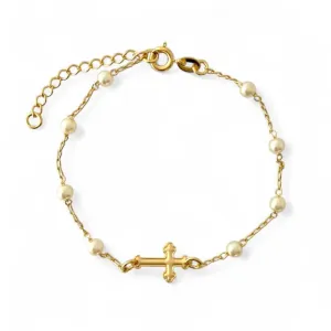Pulseira Cruz e Pérola Banhada a Ouro 18k