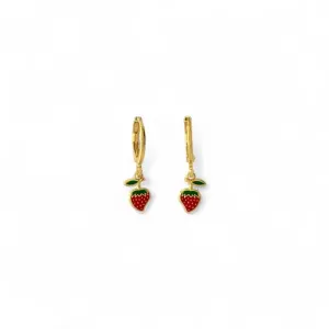 Brinco Infantil Argola Morango Pendurado Banhado a Ouro 18k