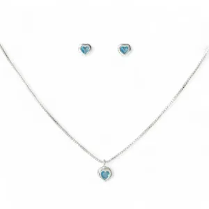 Conjunto Ponto de Luz Coração Folheado a Prata com Zircônia Azul