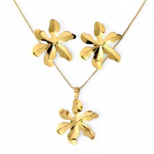 Conjunto Orgânico Flor 6 Pétalas Banhado a Ouro 18k