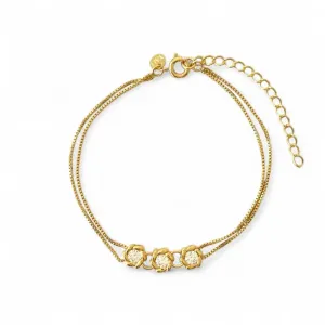 Pulseira Dupla Flores Banhada a Ouro 18k com 3 Zircônias