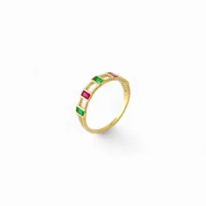 Anel Colorido Banhado a Ouro 18k com Zircônias Rosa e Verde