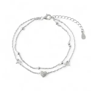 Pulseira Dupla Corações e Bolinhas Prata 925 com Zircônias