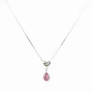 Colar Coração com Gota Rosa Prata 925 com Zircônia