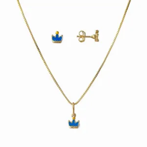Conjunto Infantil Coroa Azul Banhado a Ouro 18k