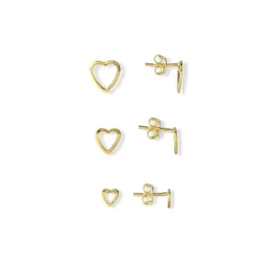 Trio de Brincos Coração Banhado a Ouro 18k Vazado
