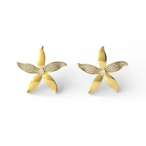 Brinco Flor Banhado a Ouro 18k Liso e com Zircônias - 2,8cm