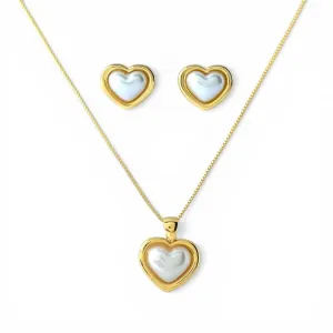 Conjunto Coração com Pérola Banhado a Ouro 18k