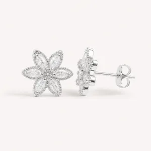 Brinco Flor 6 Pétalas Folheado a Prata com Zircônias - 1,4 cm