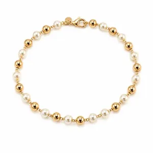 Pulseira Pérolas e Bolas Lisas Banhada a Ouro 18k -19,5 cm