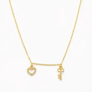 Colar Coração e Chave Cravejados Banhado a Ouro 18k - 60 cm
