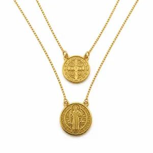 Corrente Escapulário São Bento Dupla Face Banhado a Ouro 18k - 68 cm