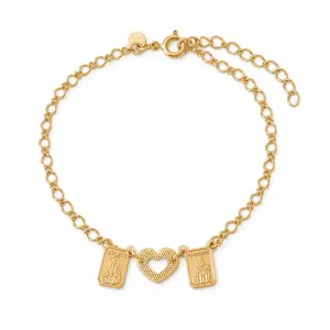 Pulseira Escapulário Sagrado Coração de Jesus e Nossa Senhora do Carmo com Coração Vazado Banhada a Ouro 18k