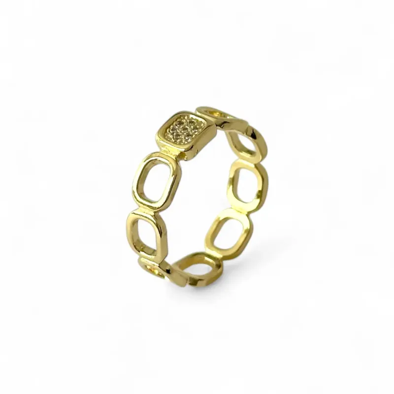 Anel Quadrados Vazados Banhado a Ouro 18k Detalhe Zircônia