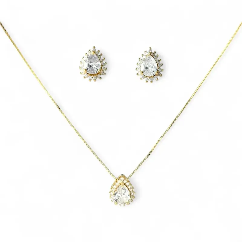 Conjunto Gota Banhado a Ouro 18K  Zircônia