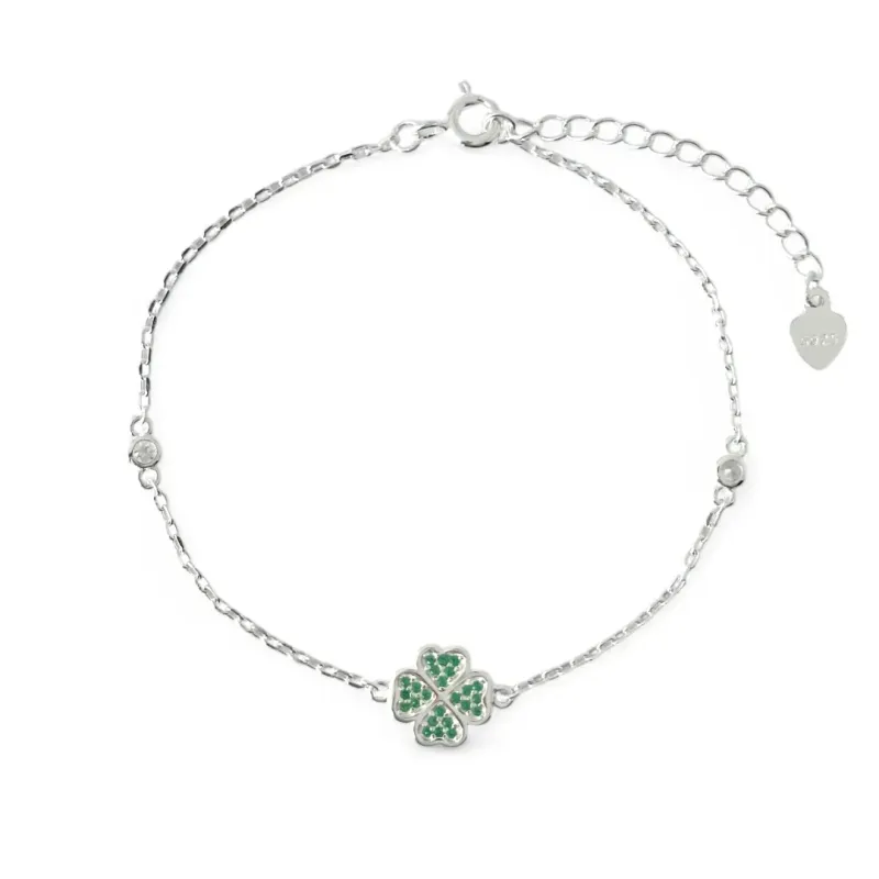 Pulseira Trevo Prata 925 Verde com Zircônias