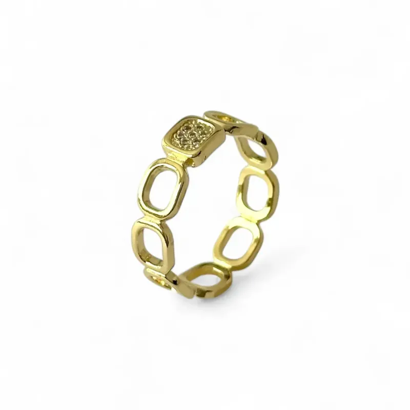 Anel Quadrados Vazados Banhado a Ouro 18k Detalhe Zircônia
