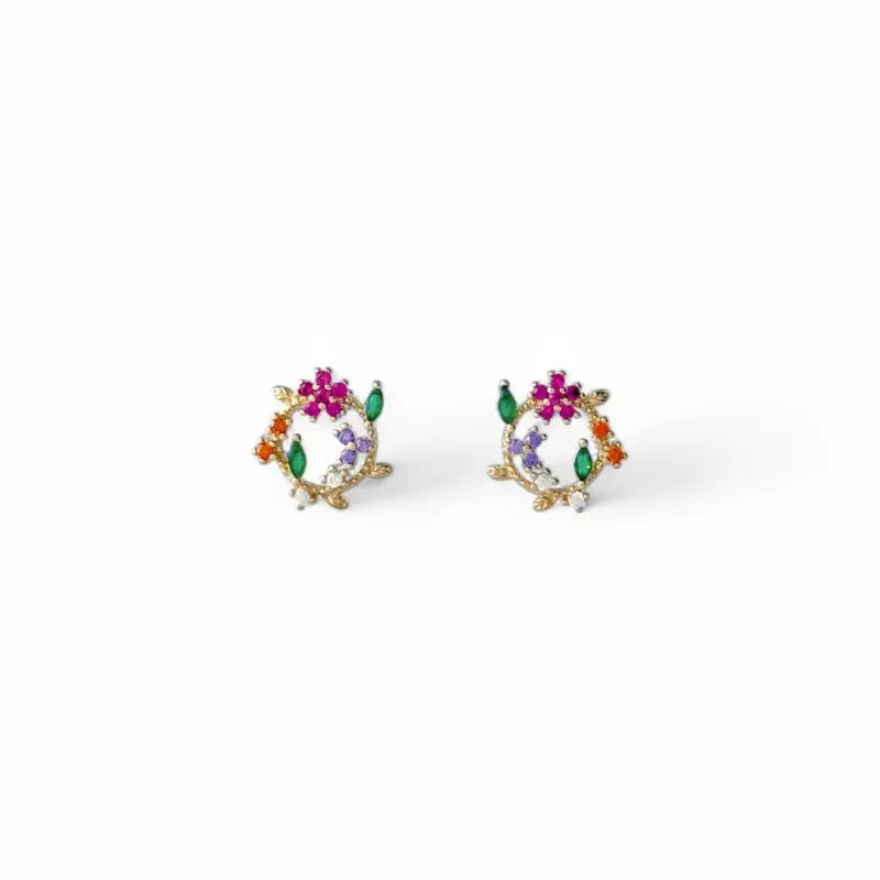 Brinco Flores Banhado a Ouro 18k Círculo Zircônias Coloridas
