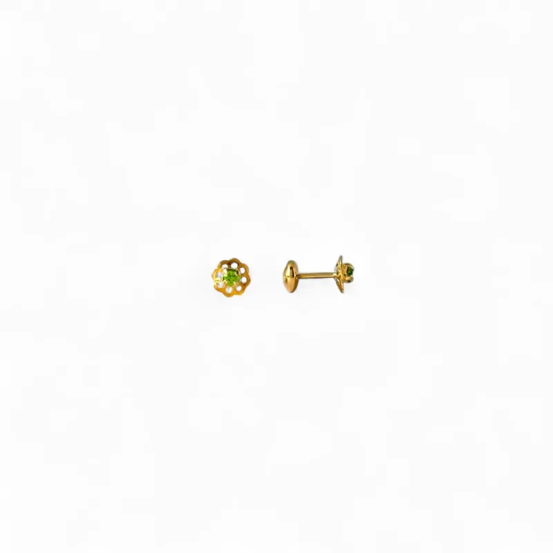 Brinco Infantil Flor Banhado a Ouro 18k com Zircônia Verde