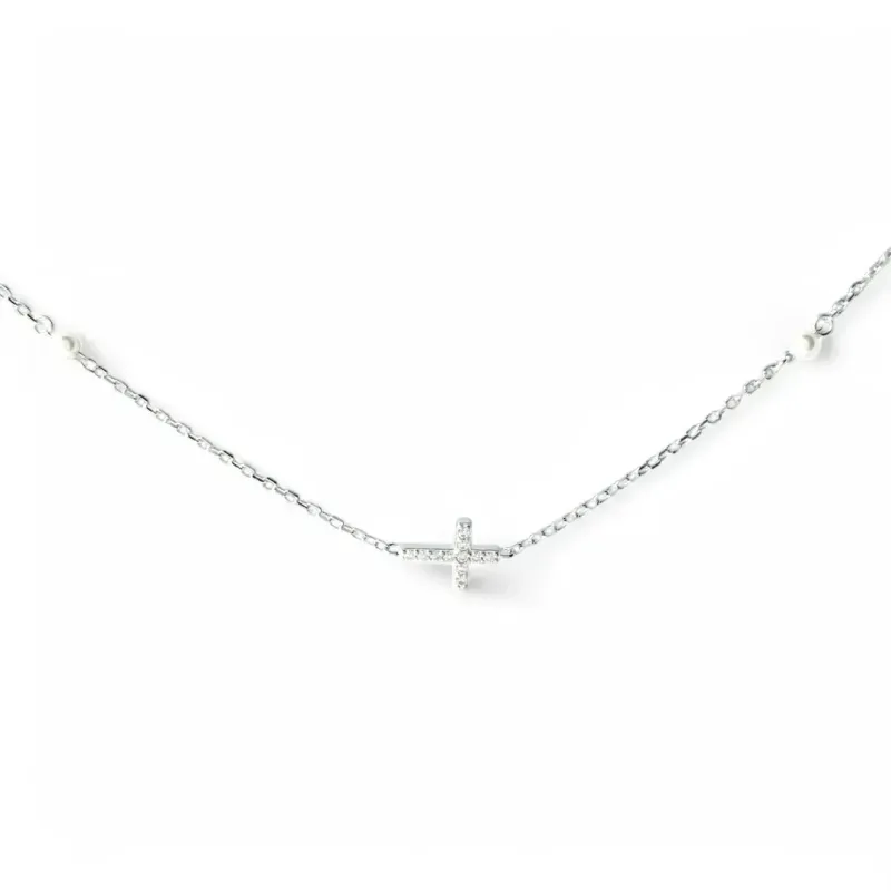 Colar Choker Cruz Prata 925 com Pérolas e Zircônias