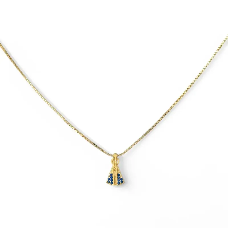 Colar Nossa Senhora Banhado a Ouro 18k com Zircônias Azul