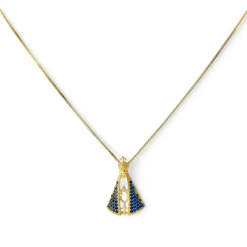 Colar Nossa Senhora Banhado a Ouro 18k com Zircônias Azul