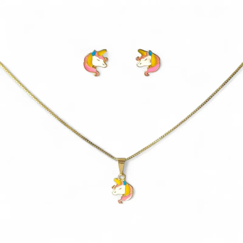 Conjunto Infantil Unicórnio Banhado a Ouro 18k