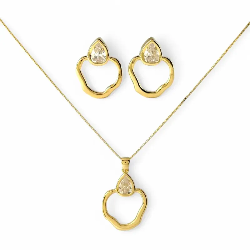 Conjunto Orgânico Banhado a Ouro 18k com Gota em Zircônia