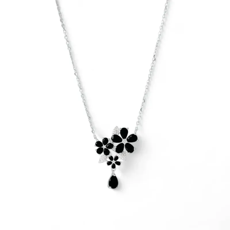 Colar Flores Prata 925 Flor/Gota com Zircônias Pretas