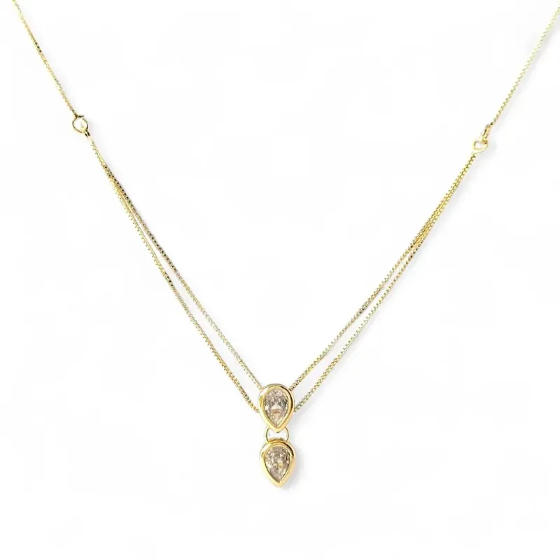 Colar Corrente Veneziana Dupla Gota Zircônia Banhada a Ouro 18K