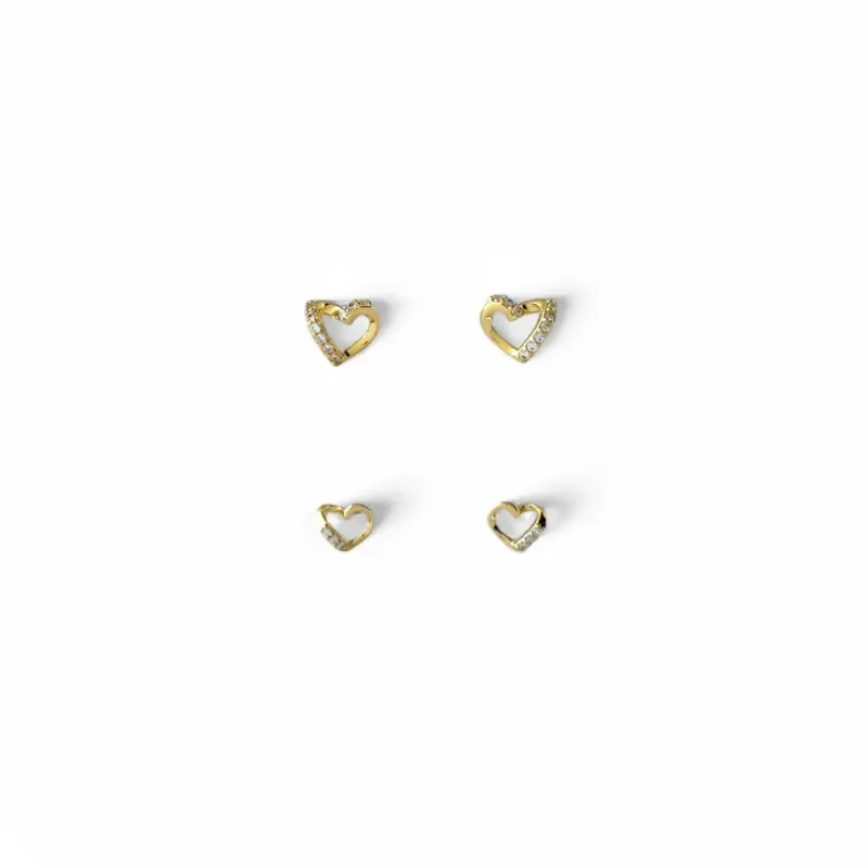 Dupla de Brincos Coração Banhado a Ouro 18k com Zircônias