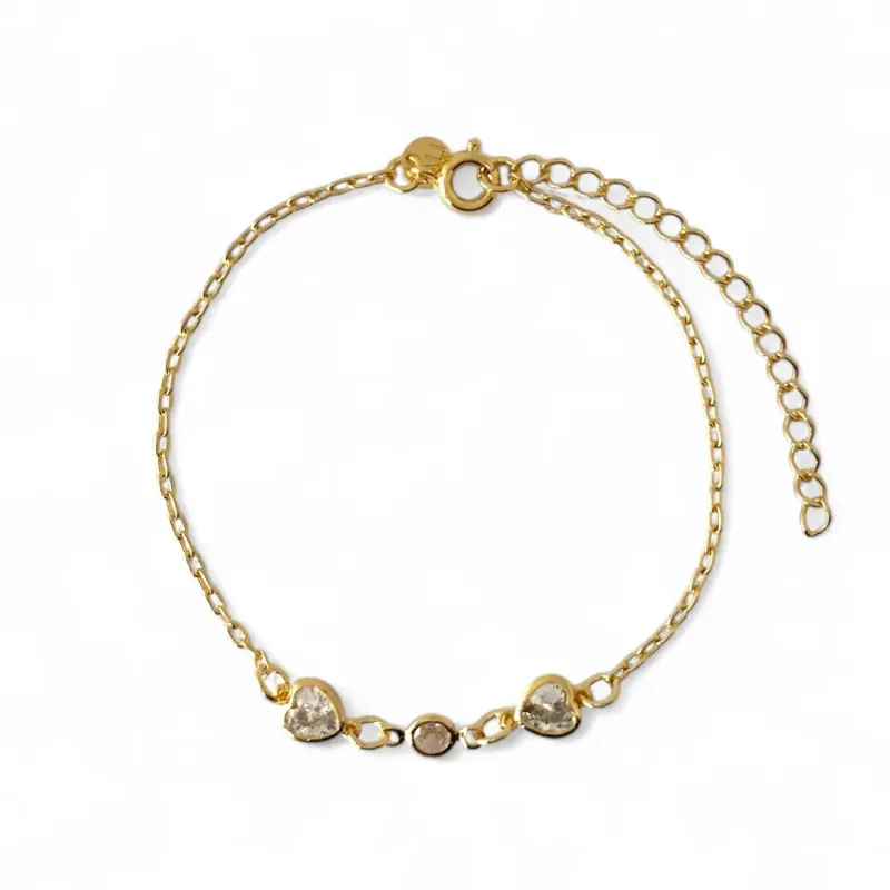 Pulseira 2 Corações Banhada a Ouro 18k com Zircônias