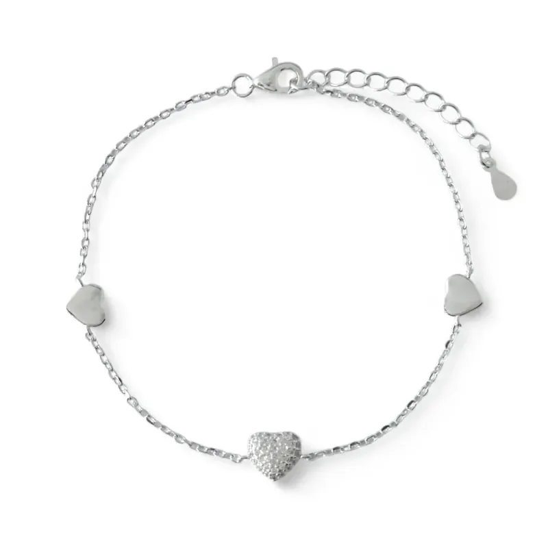 Pulseira 3 Corações Prata 925 Liso/Zircônias