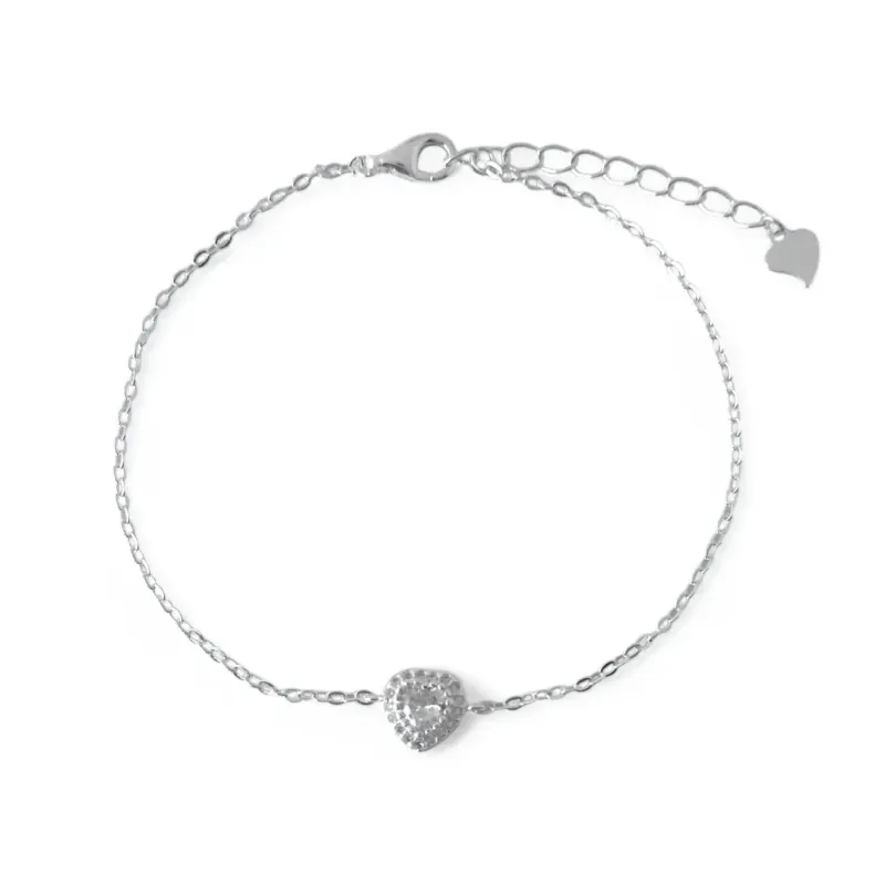 Pulseira Coração Prata 925 Cravejada com Zircônias