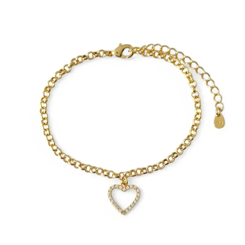 Pulseira Coração Vazado Banhado a Ouro 18K  Zircônia