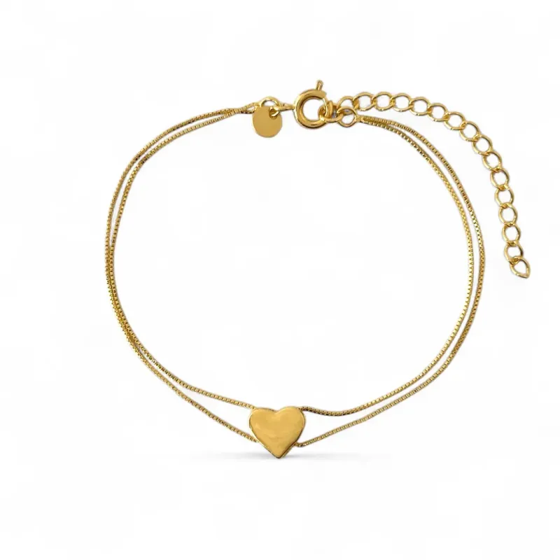 Pulseira Dupla Veneziana Coração Banhada a Ouro 18k