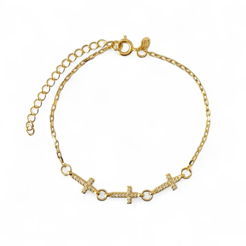 Pulseira Elo Cartier 3 Cruz Banhada a Ouro 18k com Zircônias