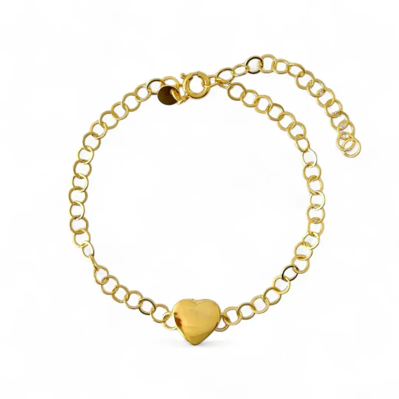 Pulseira Elo Português Coração Banhada a Ouro 18k Liso