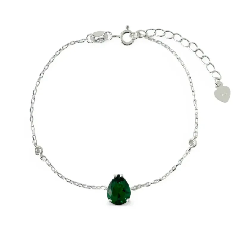 Pulseira Gota Prata 925 com Zircônias Verde Esmeralda